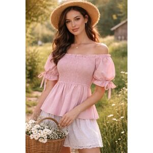 Pink Diamond Shirt Womens 8 Pink Puff Sleeve Milkmaid‎ Linen Peasant Cottagecore